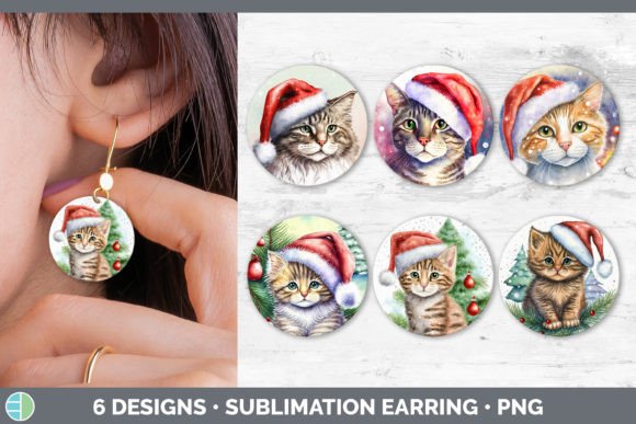 Christmas Cat Round Earring Sublimatio: Festive Illustrations