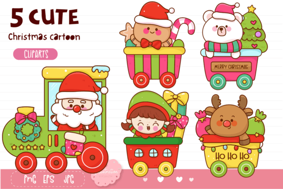 Christmas Train Kawaii Clipart: Cute Illustrations