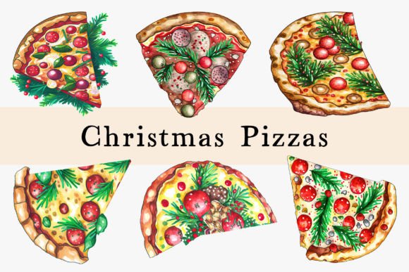 Christmas Watercolor Pizzas: Fun Illustrations for Crafts
