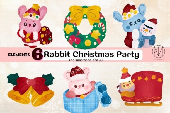 Cute Rabbit Christmas Party Cartoon PNG: Festive Illustrations